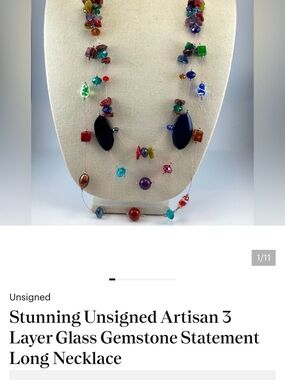 Stunning Unsigned Artisan 3 Layer Glass Gemstone Statement Long Necklace